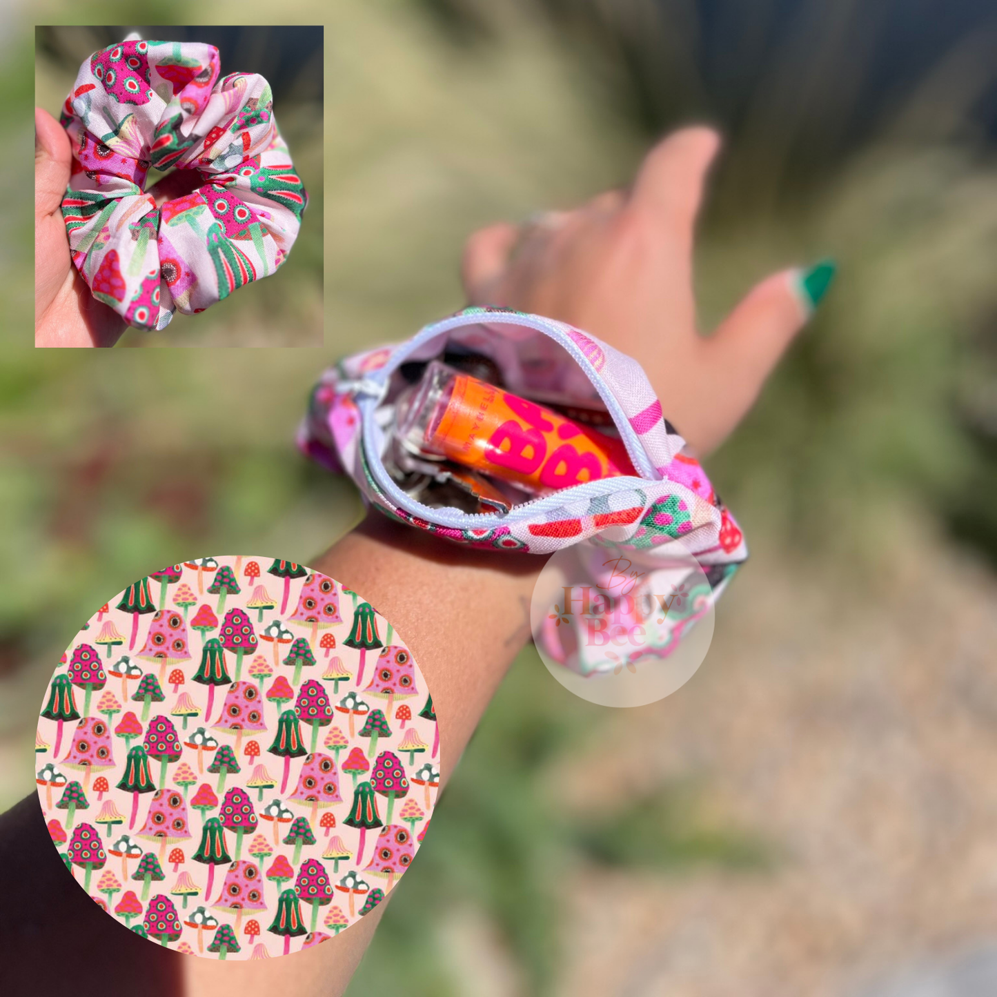 Pink Mushroom Zipper Scrunchies